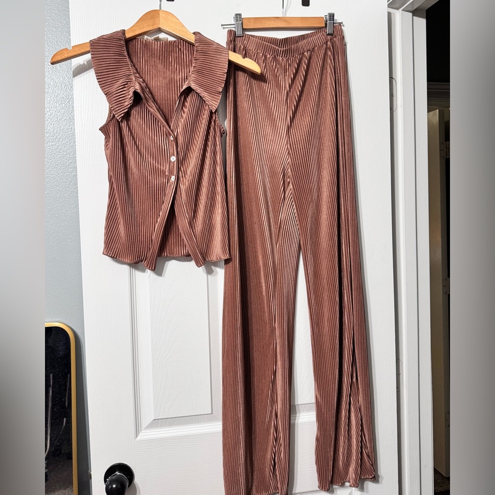 Women's Brown Ribbed Pants & Vest Set